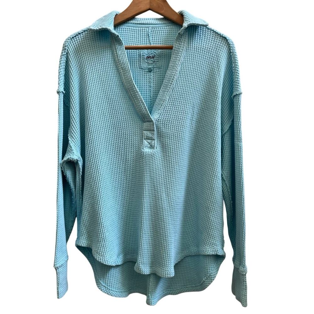 Aerie Light Blue Oversized Waffle Knit Polo V Neck Pullover Top XS Cozy Lounge